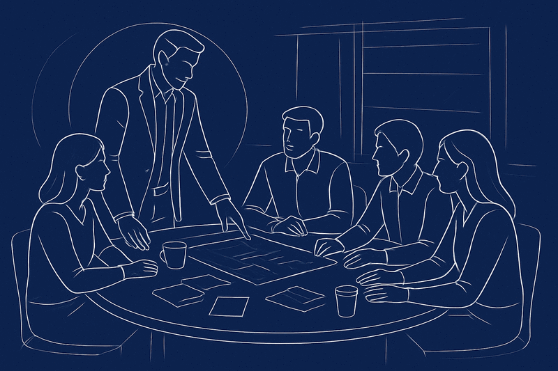 Architect figure actively engaging with stakeholders around a planning table, showing collaborative decision-making