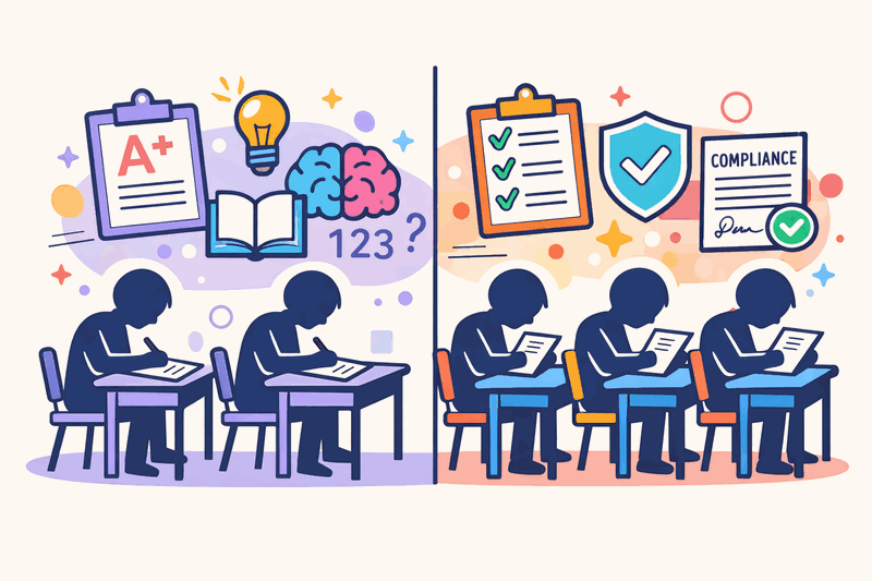 Split-screen comparison showing a teaching-to-the-test scenario on the left (students memorizing answers) mirroring a...