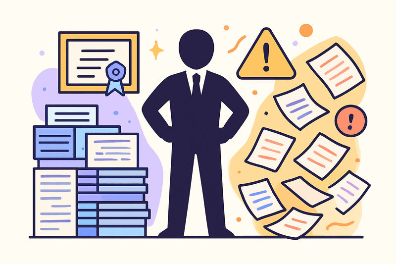 Architect standing between a wall of compliance certificates and a burning project timeline, representing the disconnect...