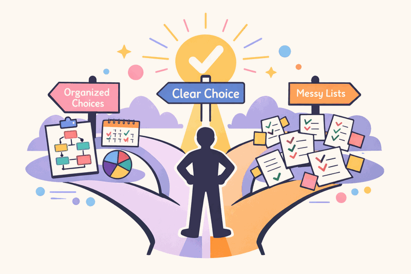 Architect at a decision crossroads with signposts showing "Enable Decisions" and "Check Compliance...