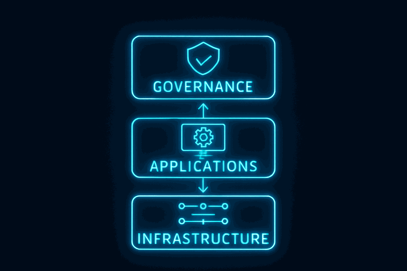 Blueprint diagram showing three stacked layers labeled Platform, Application, and Governance with connecting arrows and...