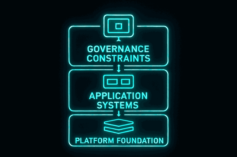 Three-layer diagram showing Platform layer at bottom, Application layer in middle, and Governance layer at top, with...