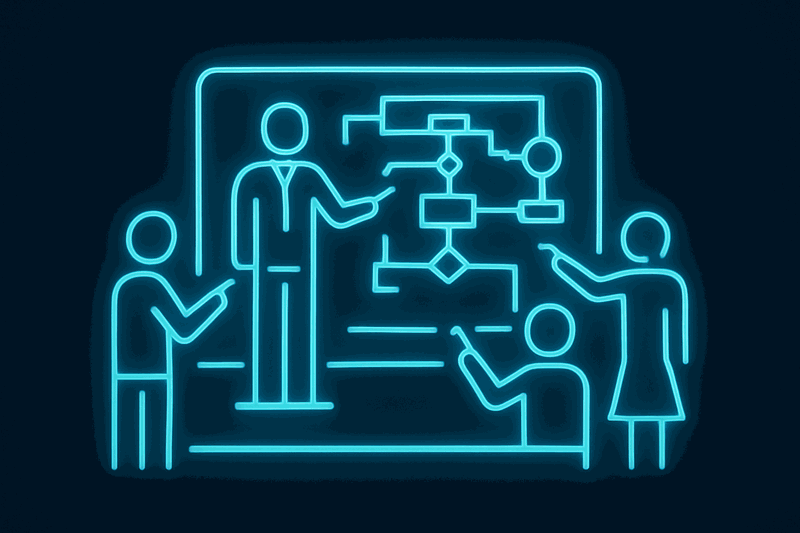 Architect standing at whiteboard with three different stakeholder figures pointing at different sections of a complex diagram