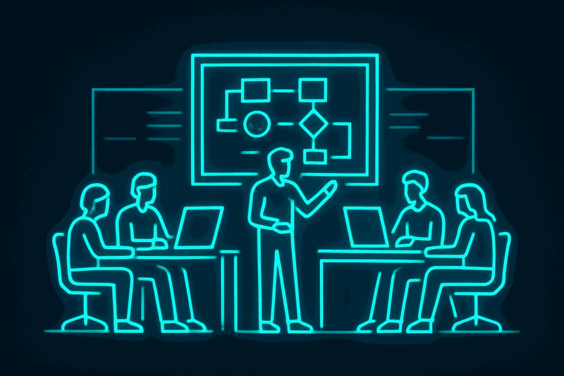 Office environment showing three teams working on different aspects of a shared architectural framework