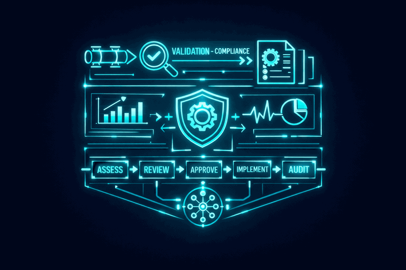 Governance dashboard showing validation pipeline with standards checking and compliance metrics