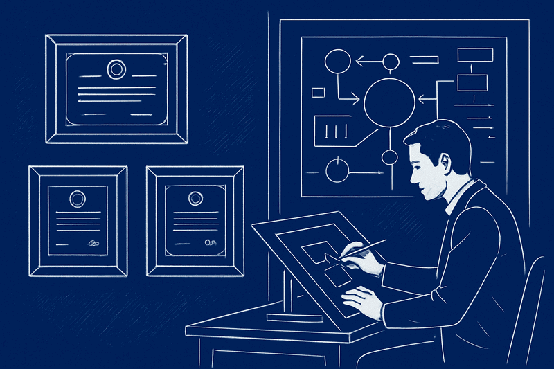 Blueprint-style diagram showing two paths - one with certificates on a wall leading nowhere, another with hands-on work...