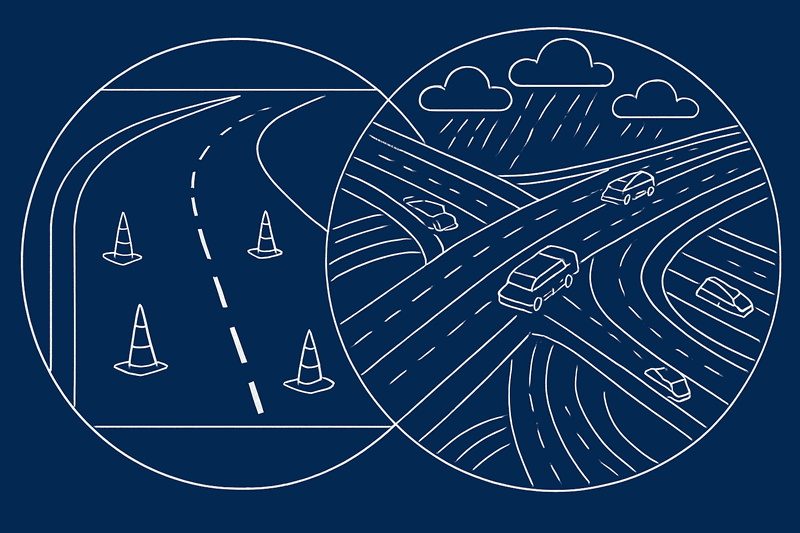 Split scene showing a pristine driving test course versus a chaotic real-world traffic situation