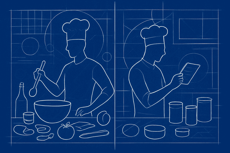 Kitchen scene showing a chef improvising with available ingredients versus someone frantically following a recipe when...