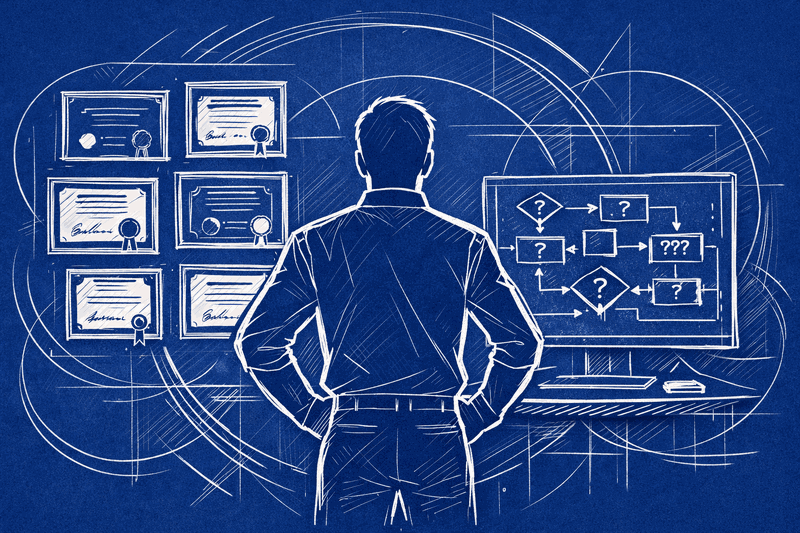 Frustrated professional staring at a wall of certifications while a computer screen shows unresolved architectural decisions