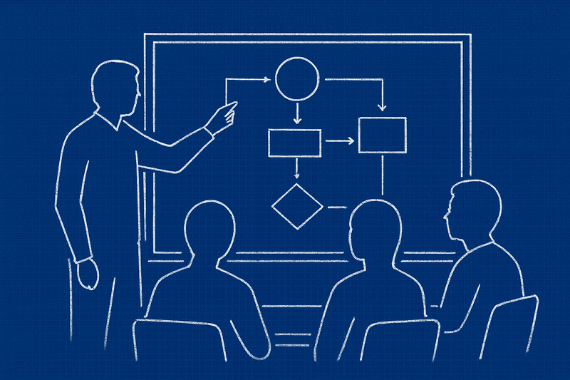 Professional pointing at a certificate on the wall while behind them a whiteboard shows incomplete architectural decisions