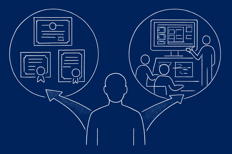 Professional development timeline showing decision points and real-world outcomes rather than certification milestones