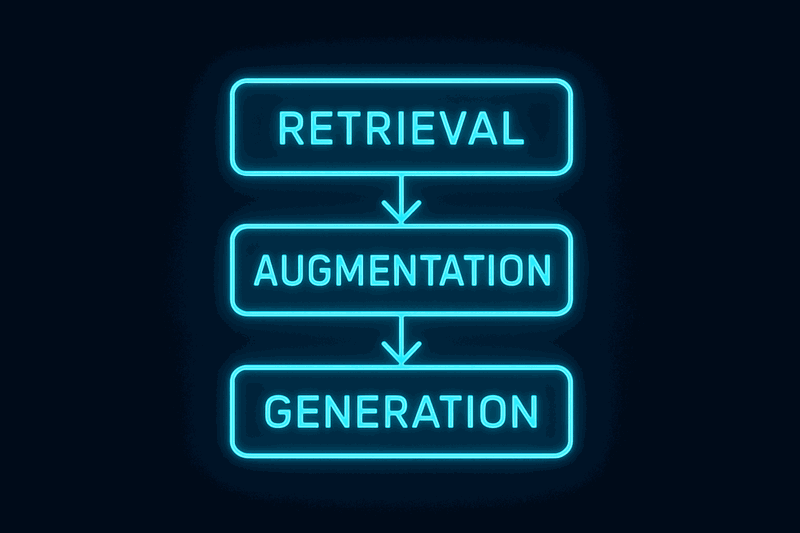 Blueprint diagram showing three-layer RAG architecture with retrieval, augmentation, and generation layers connected by...