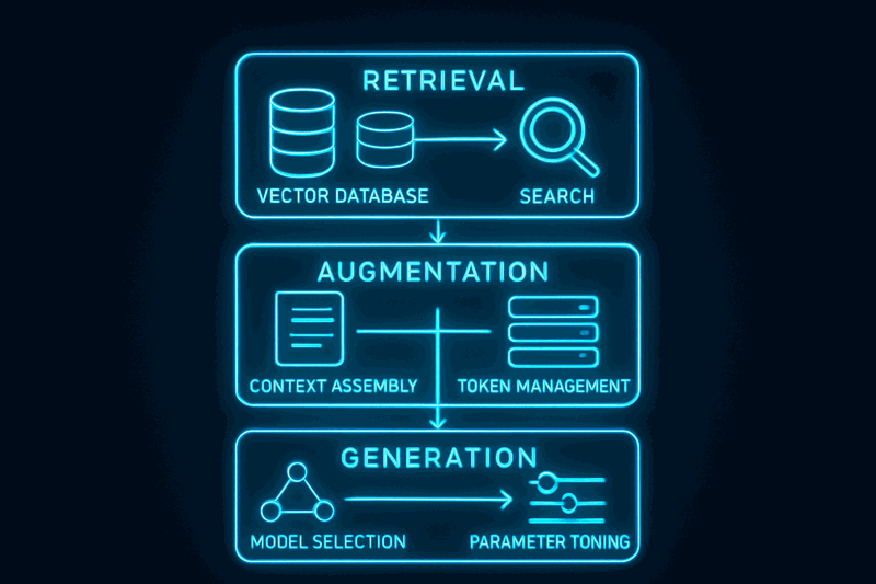 Technical diagram showing RAG three layers: retrieval layer with vector database, augmentation layer with context...