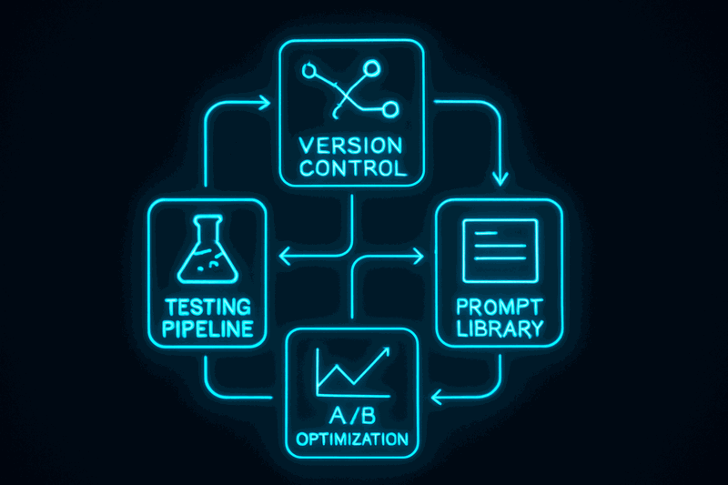 Developer workstation showing prompt version control system with testing framework and optimization metrics