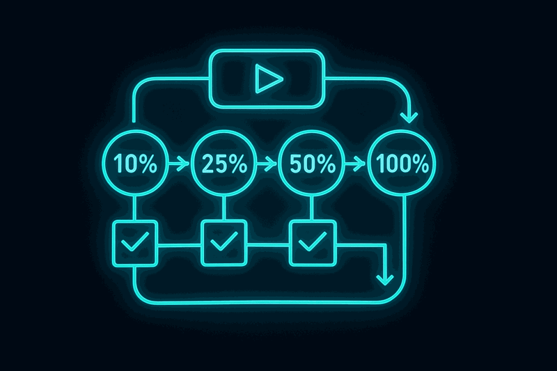 Deployment pipeline showing canary release stages from 10% to 100% traffic with quality gates and rollback triggers