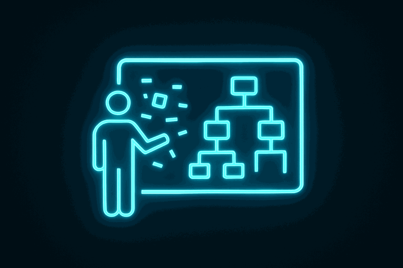 Architect standing at whiteboard with scattered components representing ad-hoc GenAI implementation versus organized...