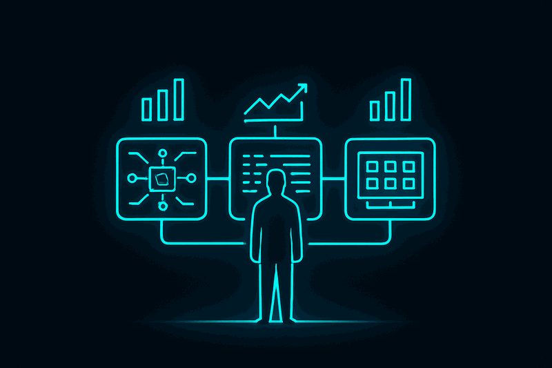 Architect reviewing three connected systems representing the RAG layers with performance metrics displayed