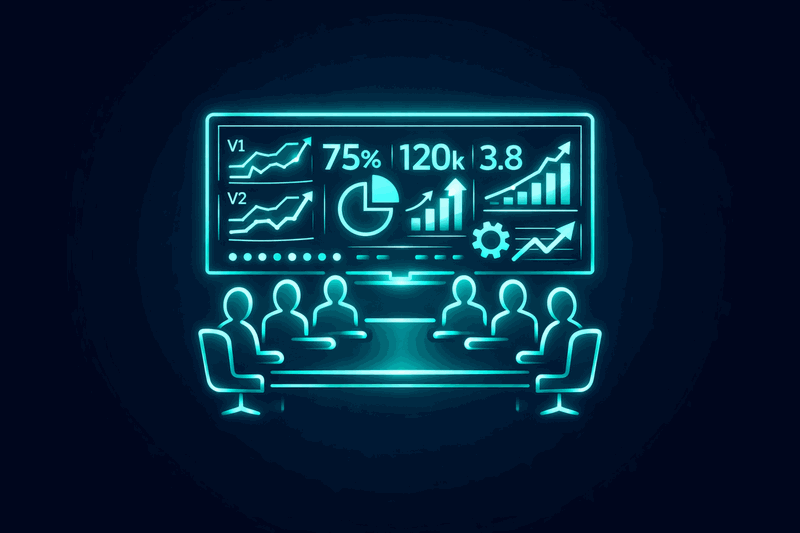 Team meeting room with prompt performance dashboard showing version comparisons and quality metrics