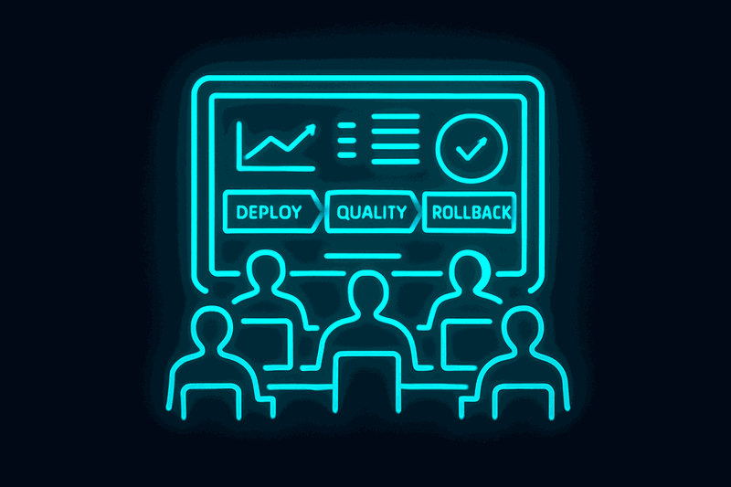 Operations team monitoring deployment dashboard with quality metrics and rollback controls