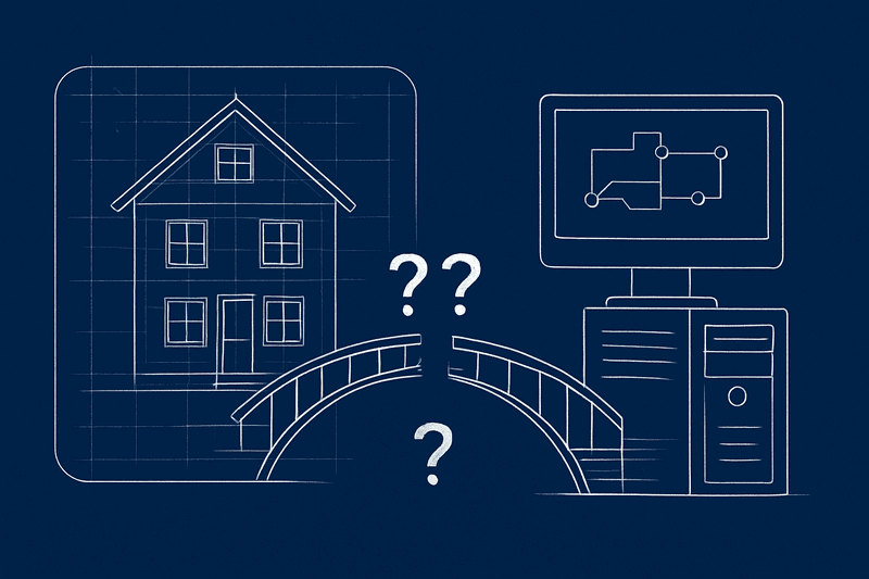 Blueprint diagram showing the invisible gap between approved architecture documents and running systems, with question...