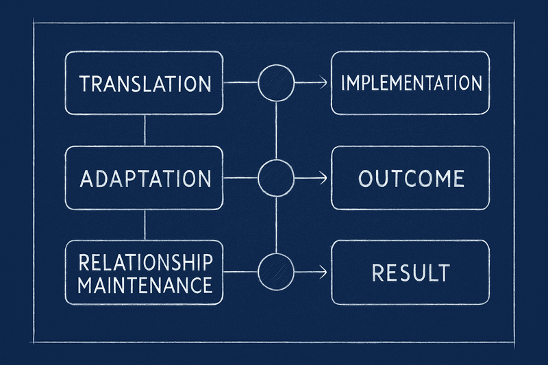 Technical workflow diagram showing the three bridge roles - translator, adapter, and relationship keeper - connecting...