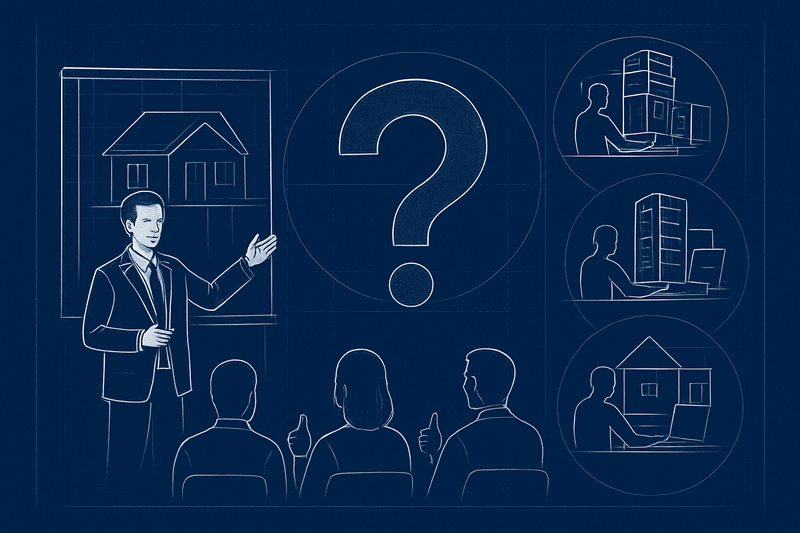 Architect presenting to a board room with thumbs up, then a question mark, then developers at computers building...