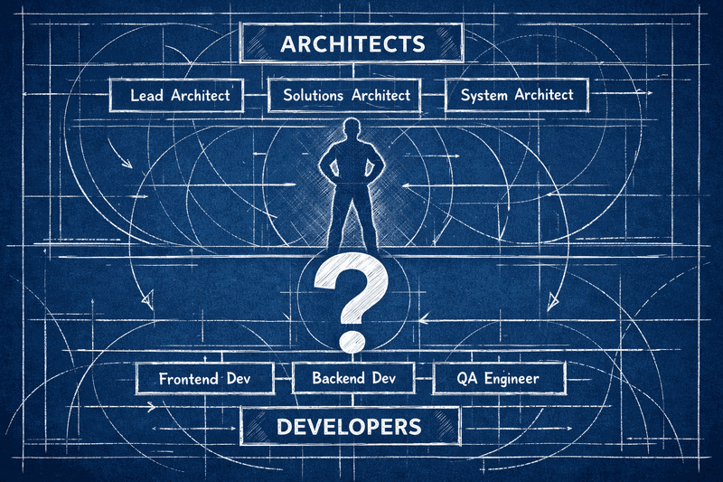 Organizational chart showing architect boxes and developer boxes with a visible empty space between them marked with a...