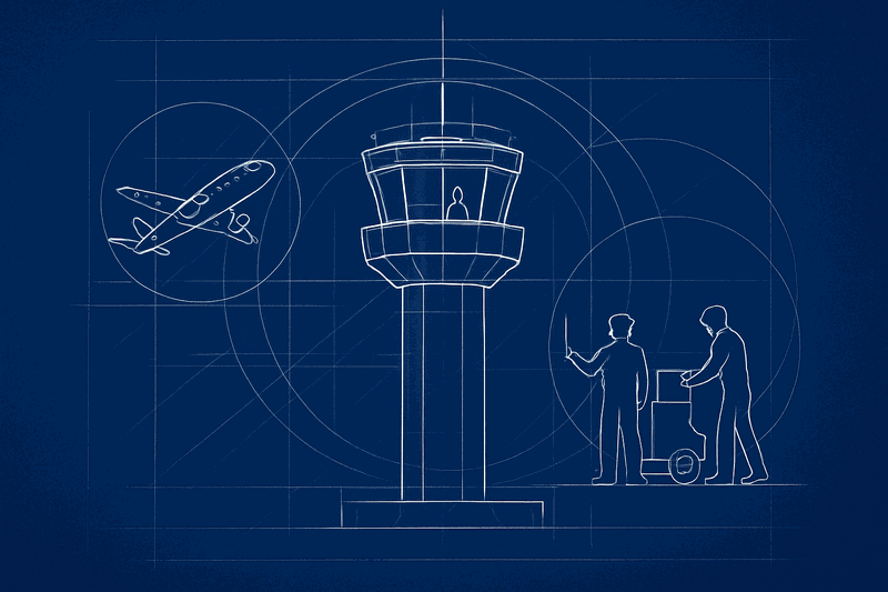 Air traffic control tower coordinating between planes in flight and ground crews, representing the coordination role...