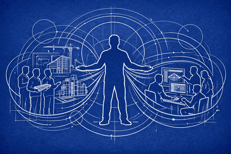 Person standing in the gap between two groups - architects on one side, developers on the other - facilitating...