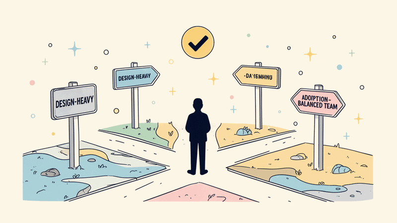 Architect standing at a crossroads with signposts showing different team capability paths