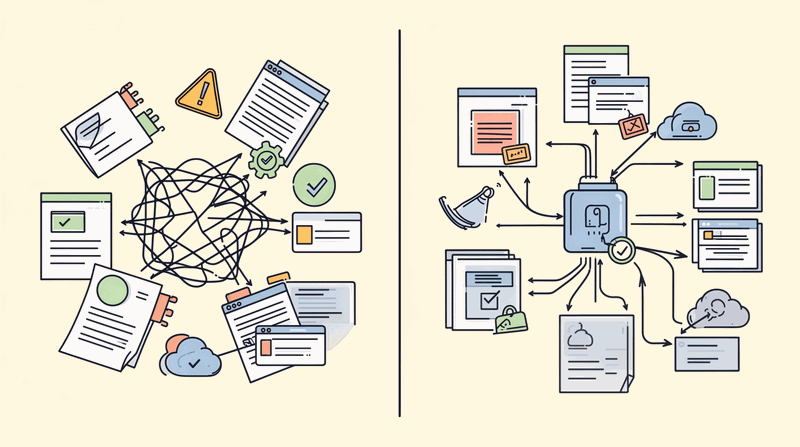 Blueprint diagram showing the evolution from scattered direct API calls to centralized AI gateway control plane with...