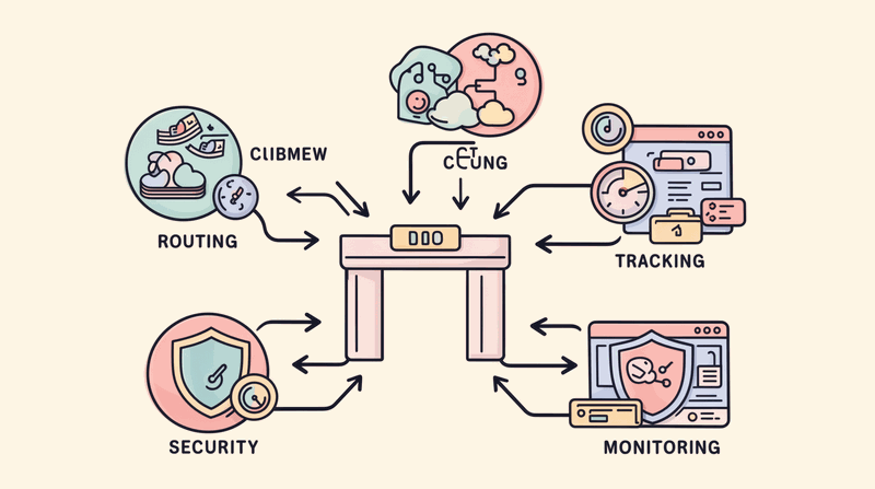 Technical diagram showing the five control plane functions: authentication layer, intelligent routing engine, cost...