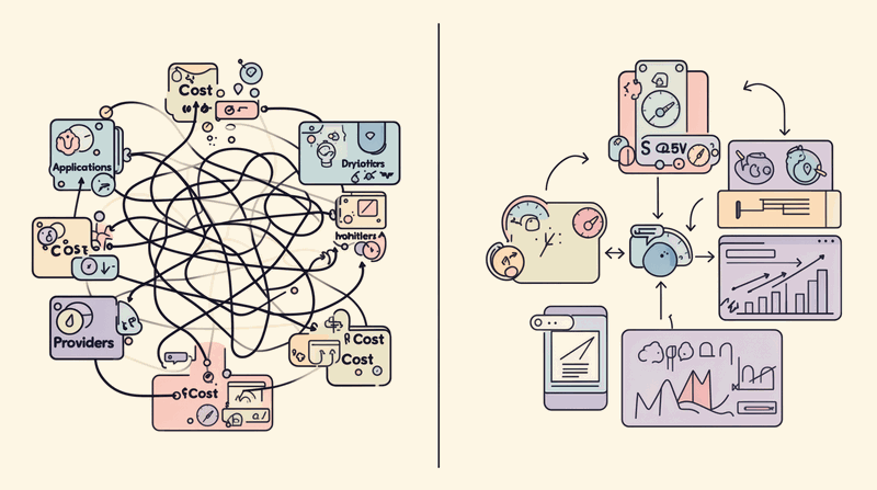 Transformation diagram showing before and after states: chaotic direct calls becoming organized flow through centralized...