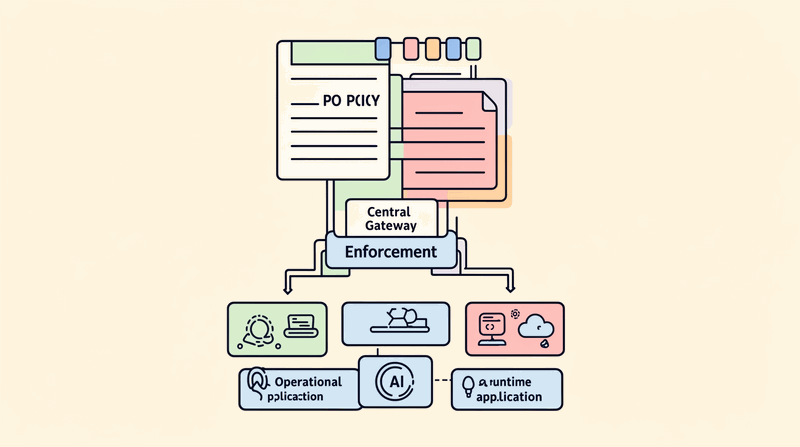 Enterprise architecture diagram showing the AI gateway as the central enforcement point connecting governance policies to...