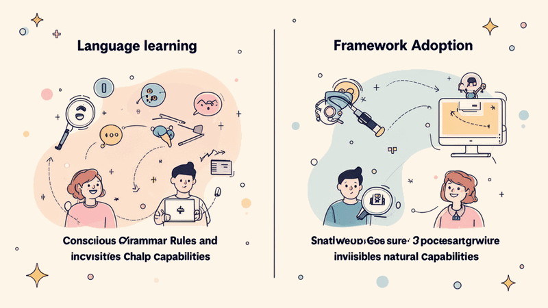 Visual metaphor showing framework internalization like grammar becoming invisible for native speakers