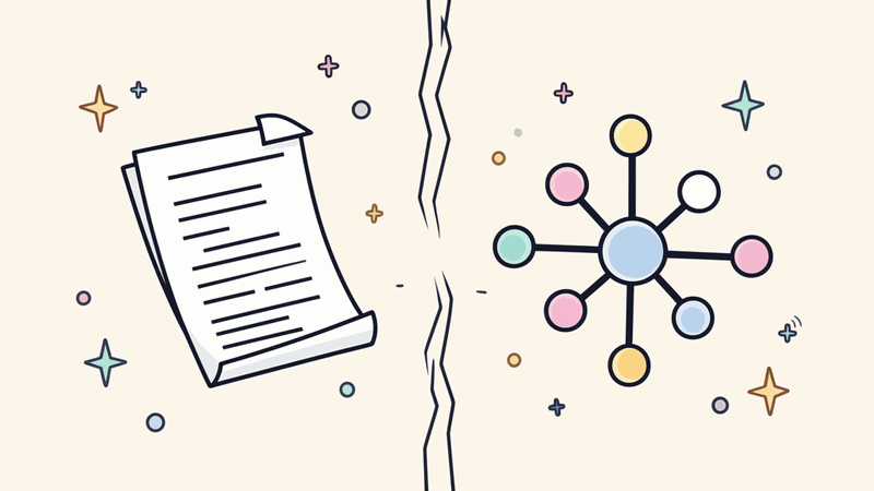 Blueprint-style diagram showing a document floating in space with a wide chasm between it and a decision-making process...