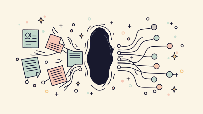A diagram showing documents flowing into a black hole labeled "The Adoption Gap" while decisions flow around it...