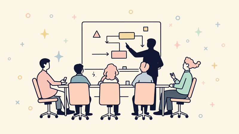 A meeting room scene showing collaborative discussion around a whiteboard with simple sketches, representing architecture...