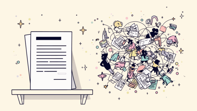 A pristine document sitting on a shelf while chaotic development work happens in the background, showing the disconnect...