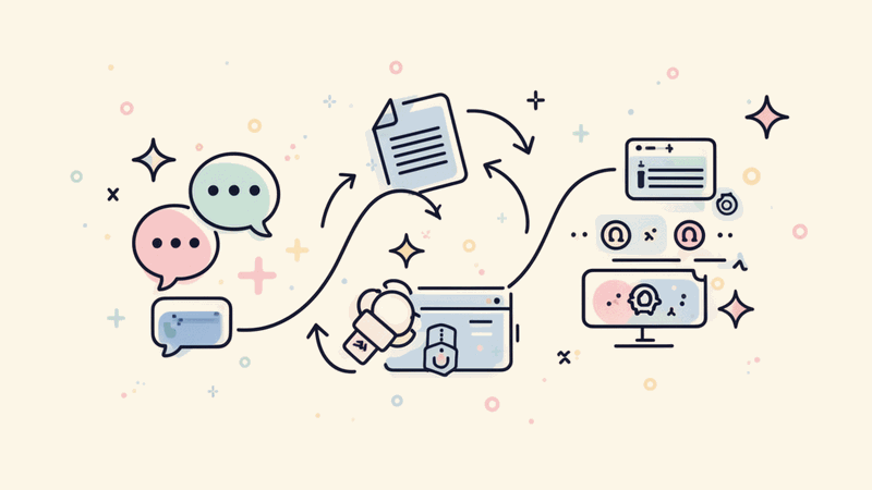 A simple flowchart showing the path from stakeholder conversations to documented decisions to implemented systems, with...