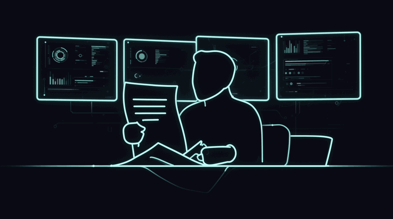 Architect reviewing governance documentation while vendor dashboards show status in the background