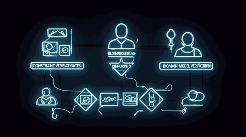 Technical diagram showing LLM proposal generation flowing through external verification gates before execution