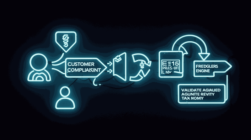 Flowchart depicting the complaint routing system with LLM generation and rules engine verification