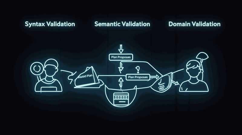 Implementation flowchart showing progressive verification gates from syntax to semantics to domain validation