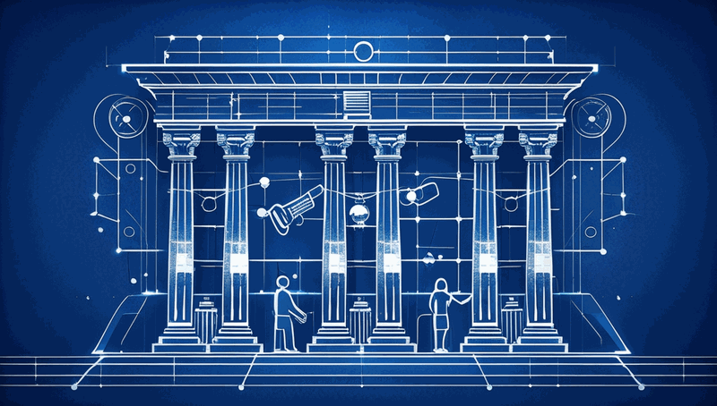 Blueprint diagram showing three interconnected pillars labeled ethos, pathos, and logos supporting an architectural framework