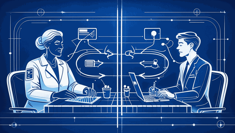Comparison diagram showing doctor-patient consultation process alongside architect-stakeholder engagement process