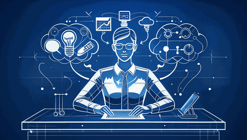 Stakeholder sitting at desk with thought bubbles showing their primary concerns being addressed by technical recommendation