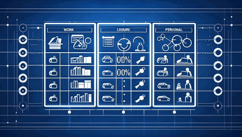 Self-audit framework showing three columns for categorizing monthly activities with percentage targets