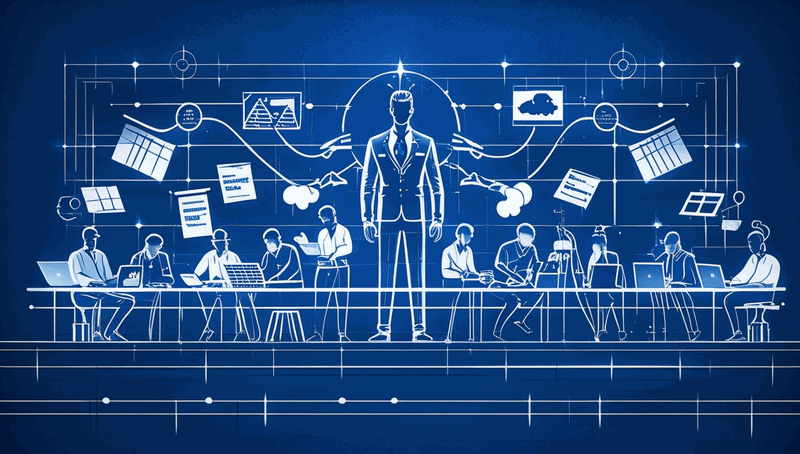 Architect gradually separating from development team as documents float above while work continues below