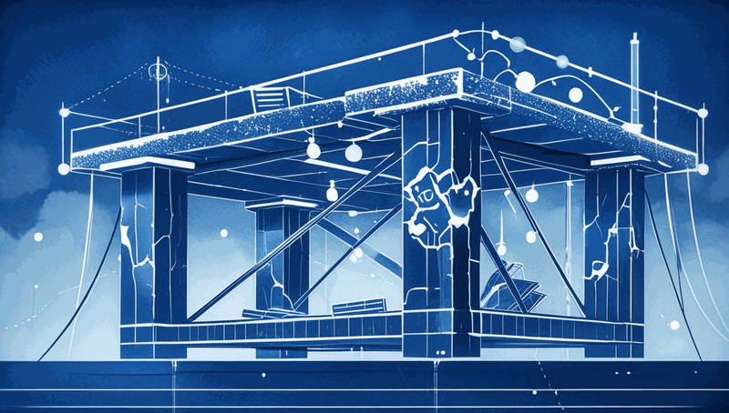 Three pillars supporting a platform, with one pillar cracking and the platform beginning to tilt